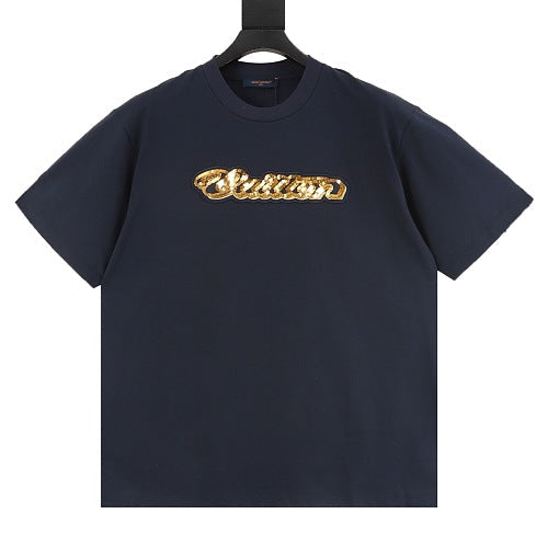 Louis Vuitton SS26 Gold Sequin Handwritten Lettering Embroidered T-Shirt